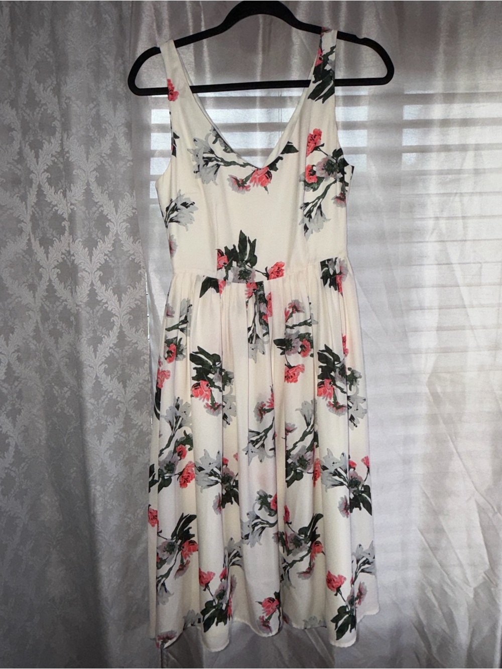 BB Dakota White Floral Scoop Midi Dress with Pink & Green Accents